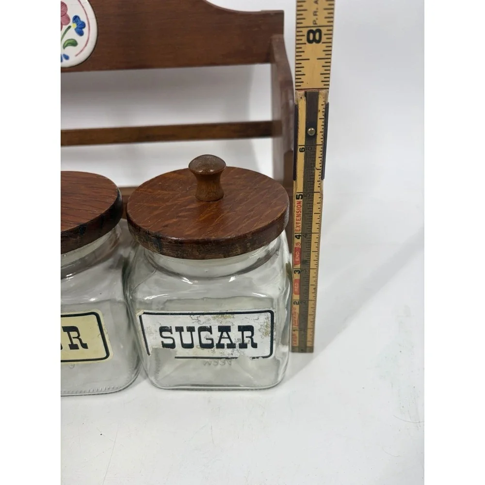 VTG Taiwan Oak Wood Glass Canister Set Farmhouse CottageCore Tea Coffee Sugar